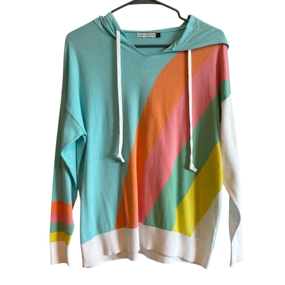 Zaket & Plover Pastel Rainbow Wide Striped Long Sleeve Hoodie Shirt XS Cotton - Picture 1 of 5